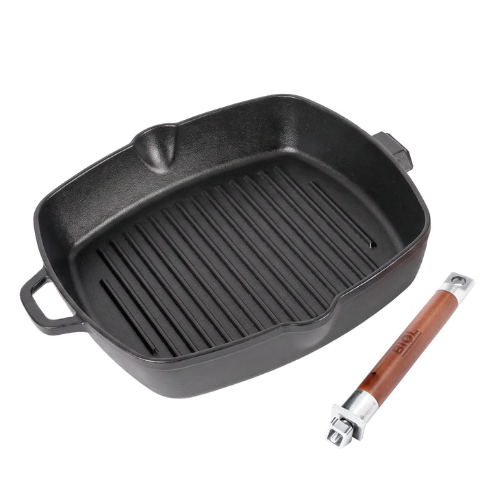 Grillpfanne Gusseisen emailliert 26x26 cm mit abnehmbarem Holzgriff