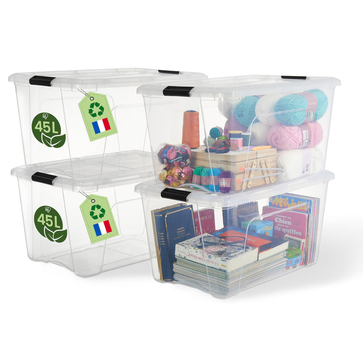 Aufbewahrungsbox mit Deckel 45L stapelbar transparent 4er-Set