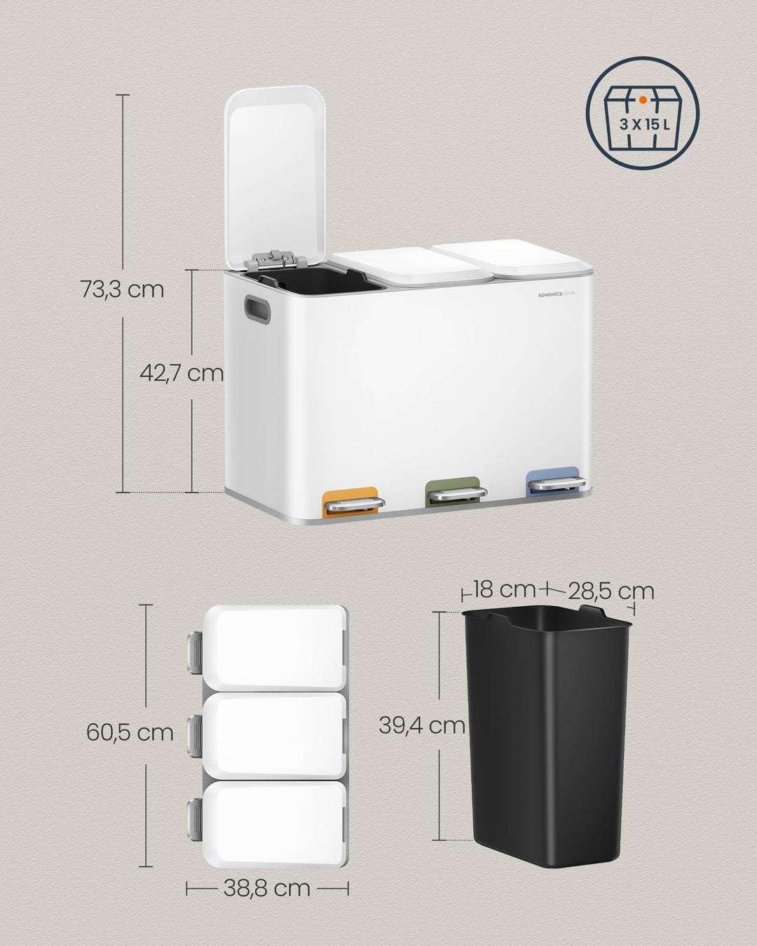 Mülltrennsystem Küche Stahl 3x15L mit Softclose-Deckel - Bild 5