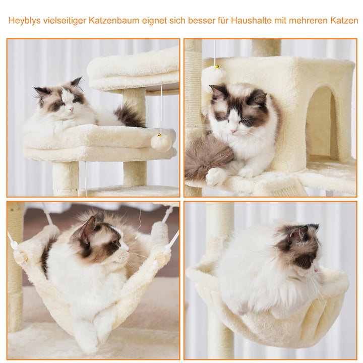 Katzenbaum 180 cm mit 2 Höhlen, Hängematte &amp; Kratzbretter beige - Bild 4