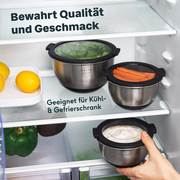 Edelstahl Schüssel-Set 5-teilig mit Deckel, Messskala &amp; Silikonboden - Bild 6