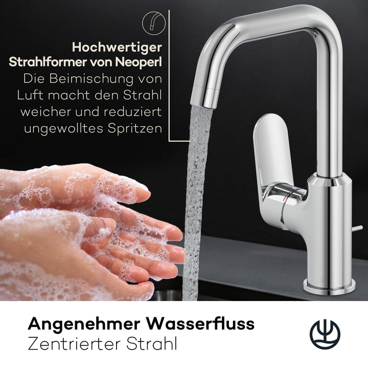 Waschtischarmatur Chrom 360° schwenkbar mit Zugstangen-Ablauf Messing - Bild 3