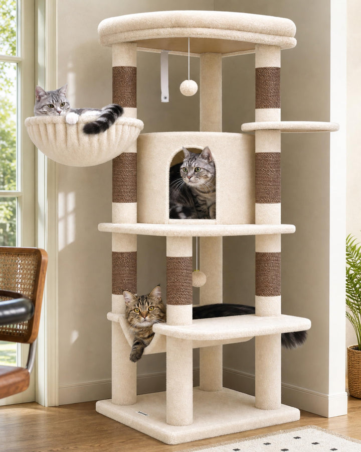 Eck-Kratzbaum mit Hängematte, Höhle und Plattform für 2–4 Katzen