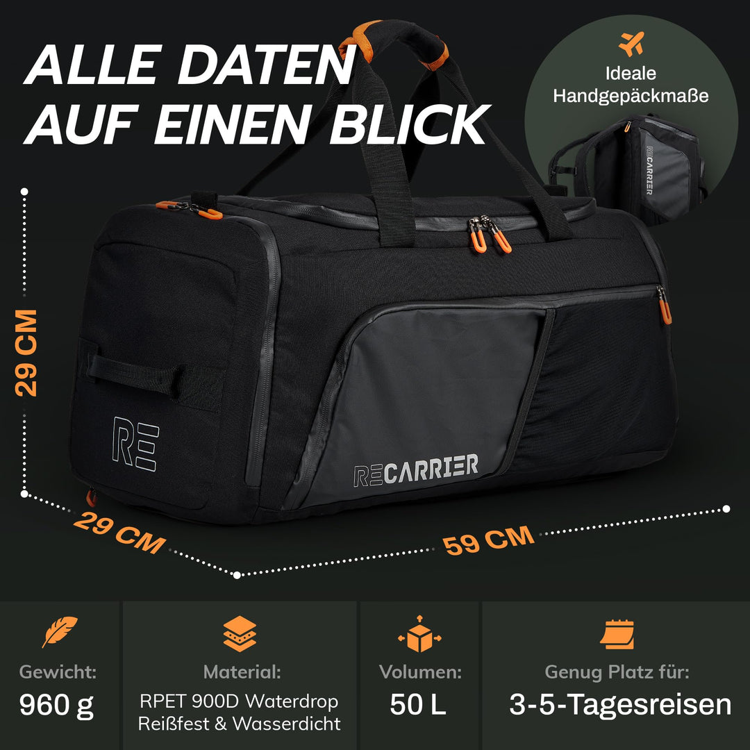 Sporttasche &amp; Rucksack 50L recyceltes PET mit Schuhfach wasserdicht - Bild 3