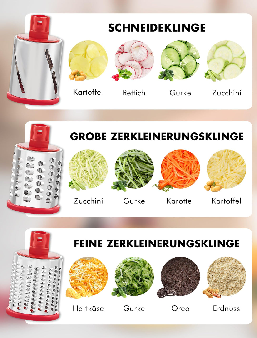Trommelreibe mit Kurbel 5-in-1 für Käse Gemüse Nüsse Eis - Bild 3