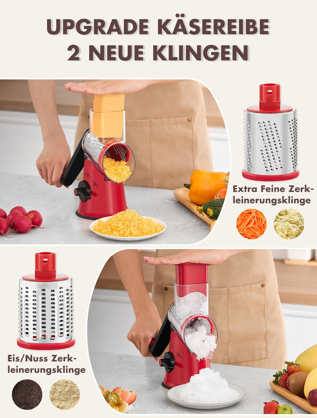 Trommelreibe mit Kurbel 5-in-1 für Käse Gemüse Nüsse Eis - Bild 2