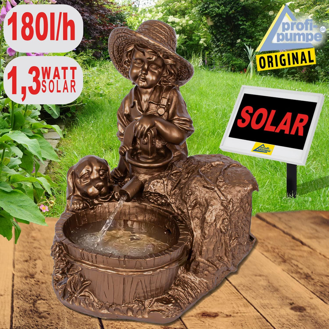 Solar-Gartenbrunnen Junge mit Hund Polyresin Kupferoptik 50cm Teich - Bild 2