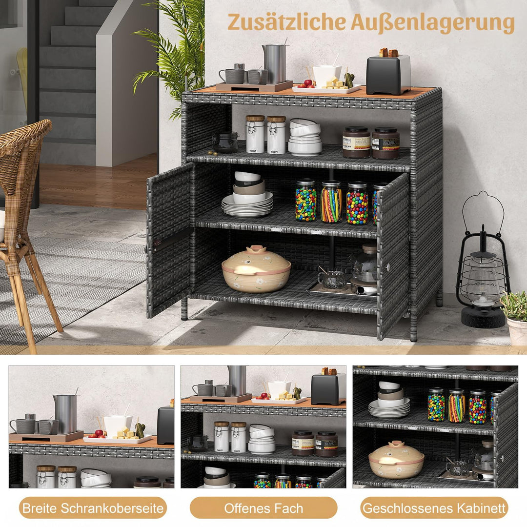 Gartenschrank Rattan mit Akazienholz-Arbeitsplatte 2-türig grau - Bild 3