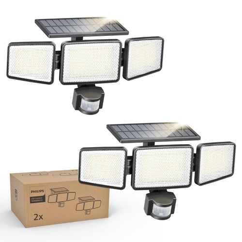 Solar-Wandstrahler mit Bewegungsmelder 302 LEDs 1200lm 3-Köpfig 2er-Set