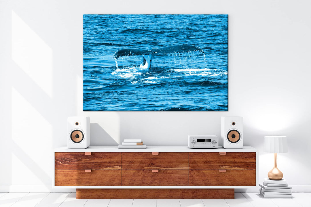 Leinwandbild Walschwanzflosse Monochrom Blau 80x60 cm Echtholz - Bild 5