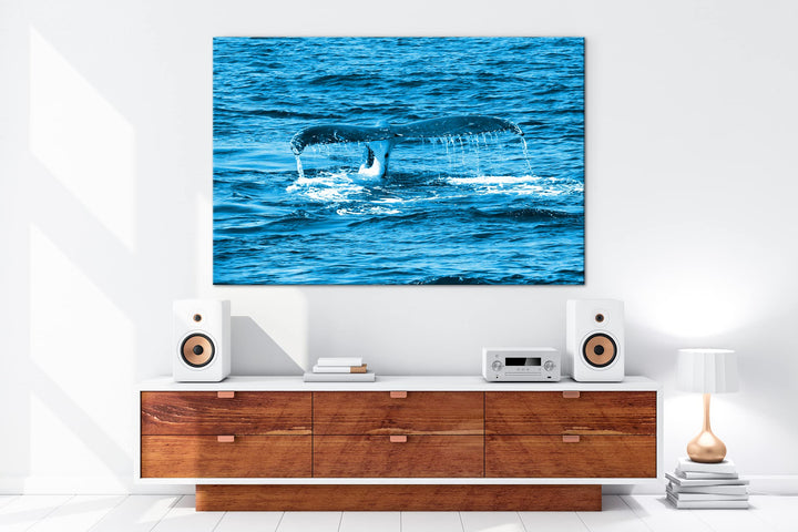Leinwandbild Walschwanzflosse Monochrom Blau 80x60 cm Echtholz - Bild 5