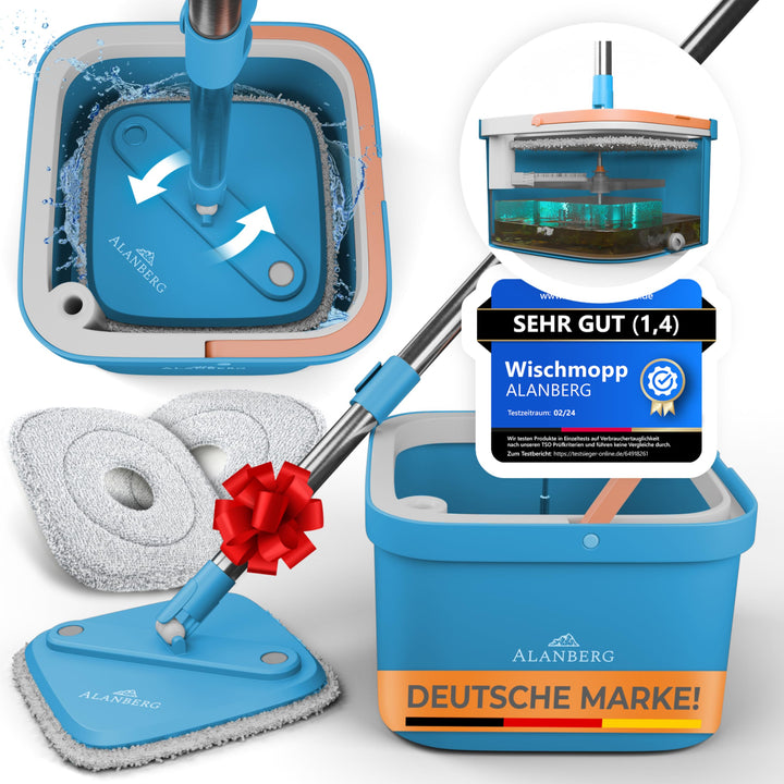 Wischmopp Set mit 2-Kammer-Eimer Schleudermechanismus Mikrofaser Hartboden