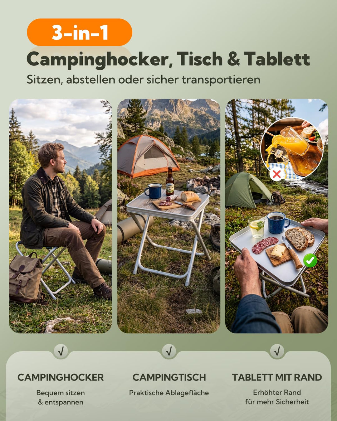 Campinghocker faltbar 2-in-1 mit MDF-Tischplatte Aluminium 100 kg - Bild 3