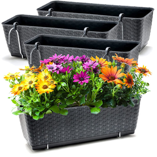 Balkonkasten Anthrazit Rattan-Optik 49cm mit Bewässerungssystem 4er-Set