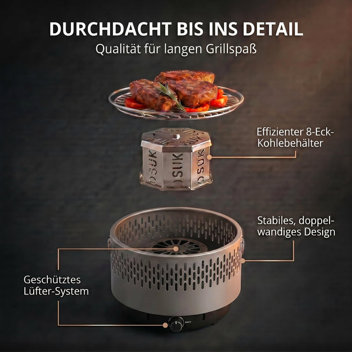 Tischgrill Holzkohle mit Aktivbelüftung und Lüfter, kompakt grau - Bild 4