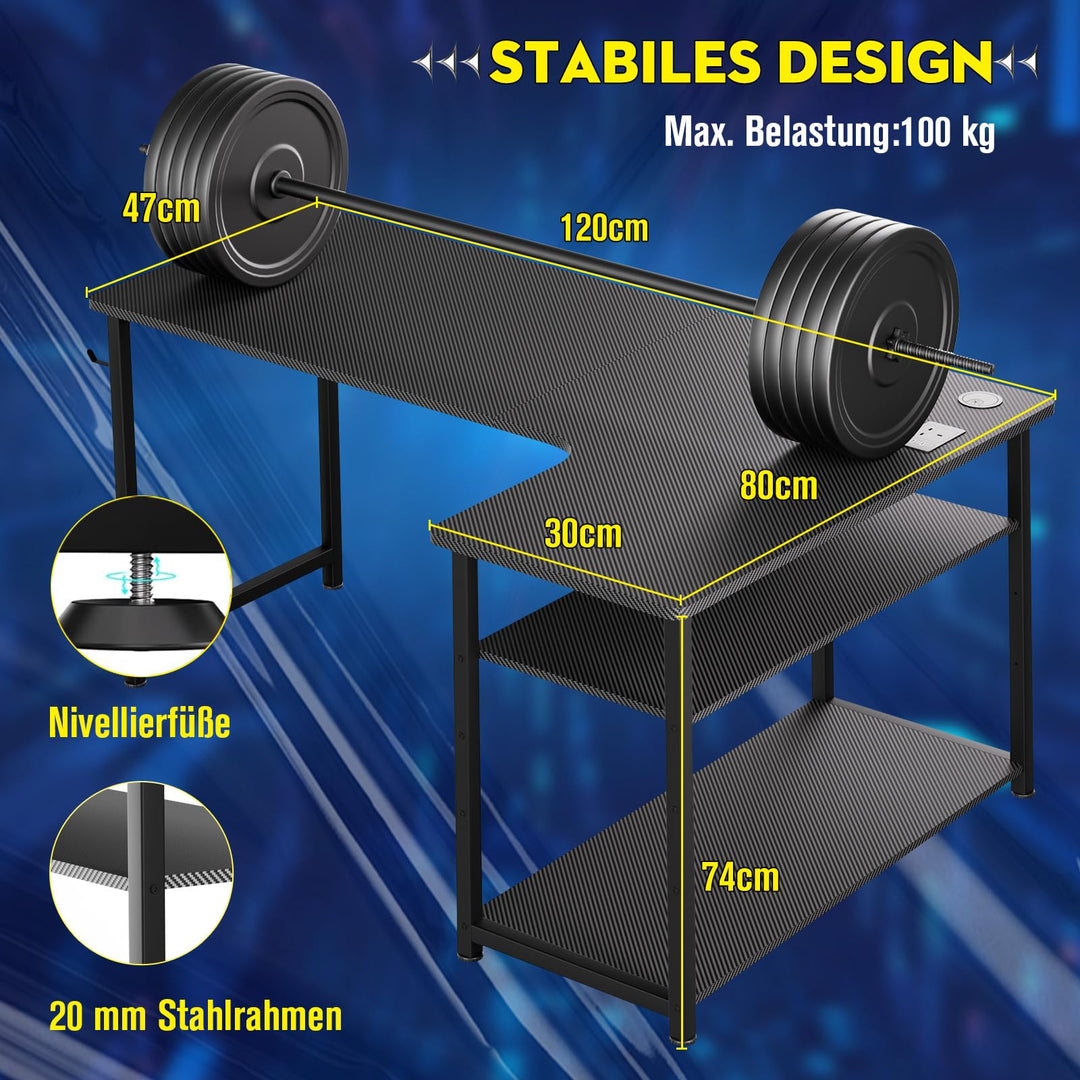 Gaming Schreibtisch L-Form 120x80cm mit Steckdose und USB-Anschluss - Bild 8