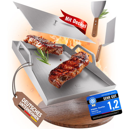 Plancha Grillplatte Edelstahl 40x30 cm mit Deckel und 2 Spachteln
