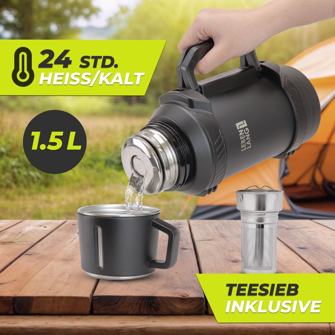 Thermosflasche 1,5 Liter mit Becher und Teesieb 24h Warmhaltung - Bild 2