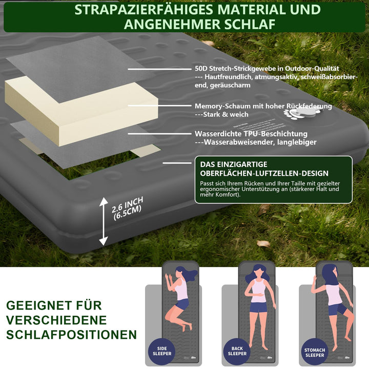 Isomatte Camping R-Wert 9,5 mit Kissen Memory Foam 195x70,5 cm - Bild 3