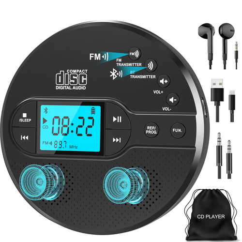 CD Player tragbar mit Bluetooth 5.3 und FM-Transmitter, LCD, 9h Akku