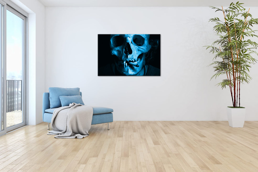 Leinwandbild Schädel Monocrom Blau auf Echtholzrahmen 80x60 cm - Bild 4