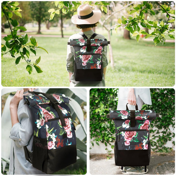 Rolltop Rucksack 17 Zoll Laptop Blumenmuster 18-26 L Damen Herren - Bild 6