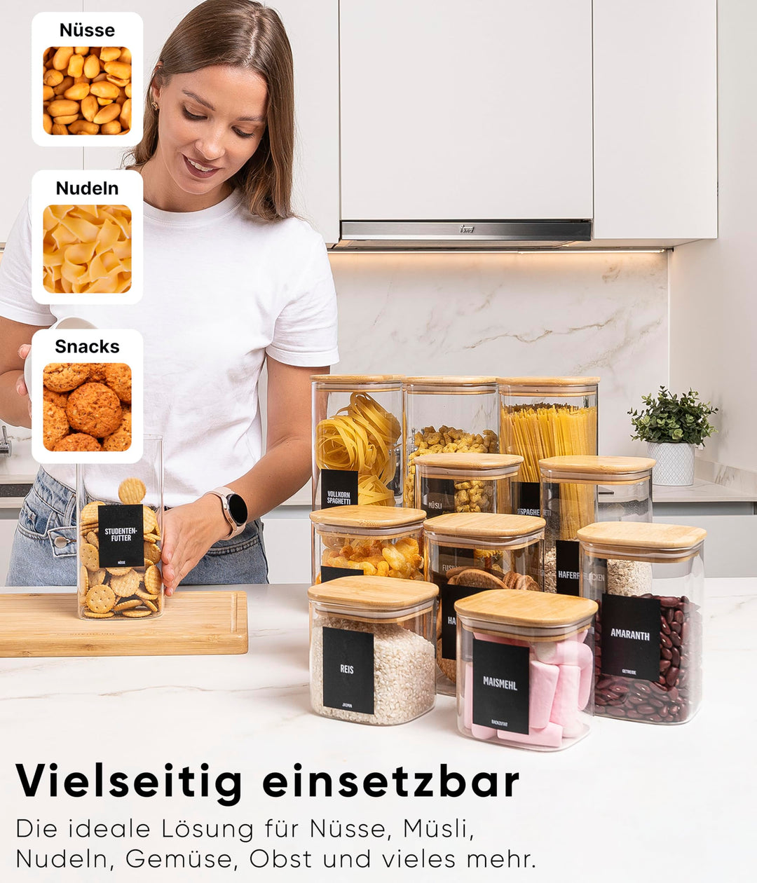 Vorratsgläser eckig Borosilikatglas 12er-Set mit Bambusdeckel - Bild 8