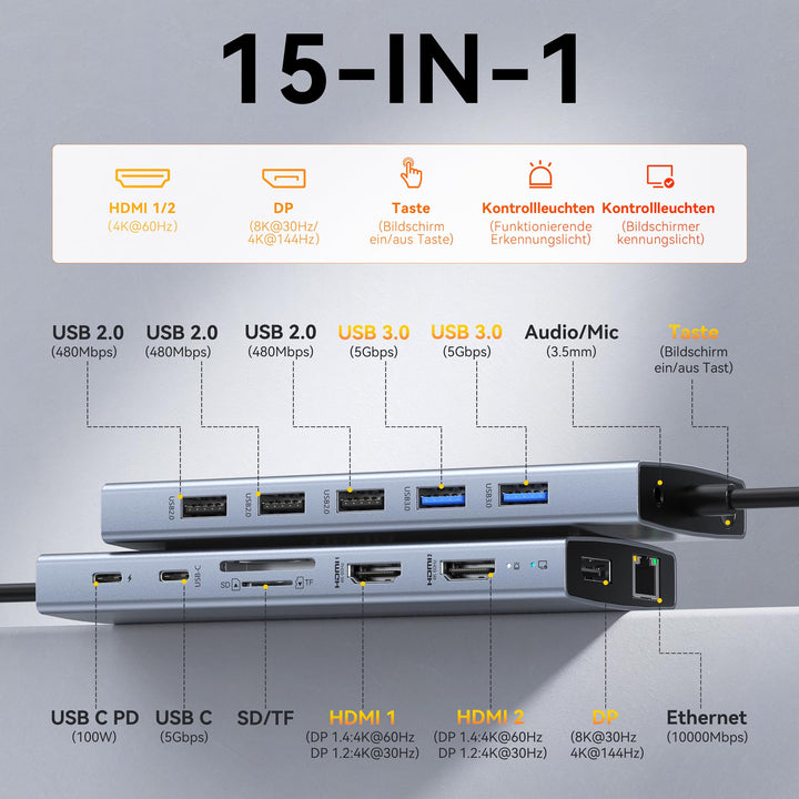 Dockingstation USB-C 15-in-1 Triple Display Dual HDMI 4K 100W PD - Bild 2