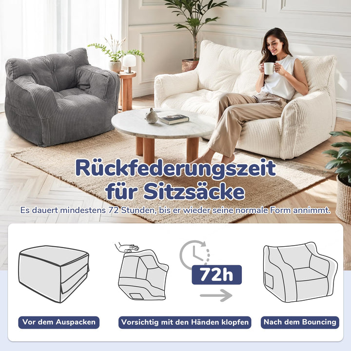 Sitzsack Lounge Sessel Kord Grau mit Armlehnen für Erwachsene - Bild 7