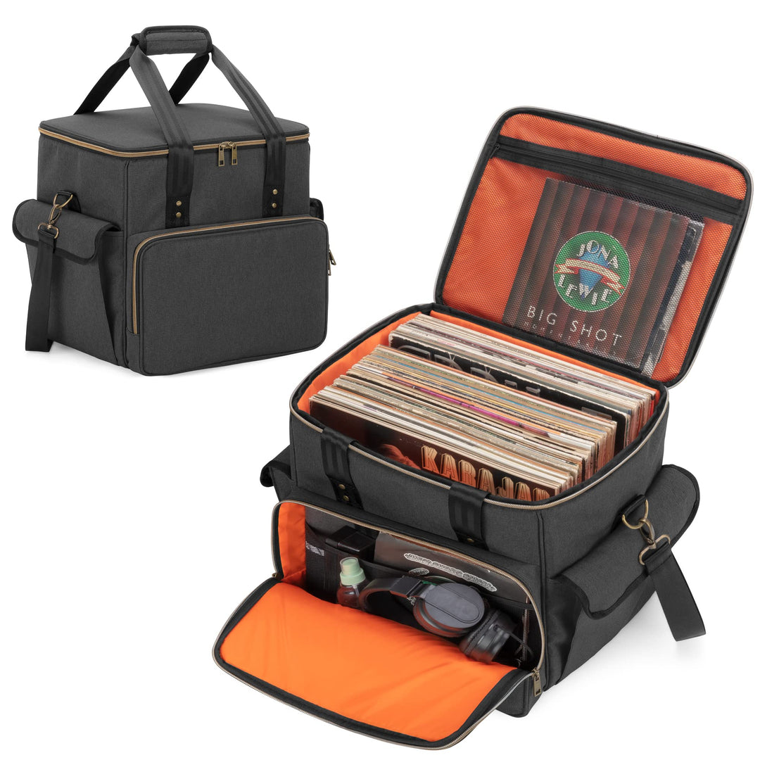 Schallplatten-Tasche wasserdicht 60 LP mit Schultergurt, Schwarz