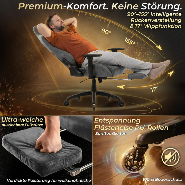 Gaming Stuhl Wildlederimitat ergonomisch 200 kg mit Fussstuetze grau - Bild 6