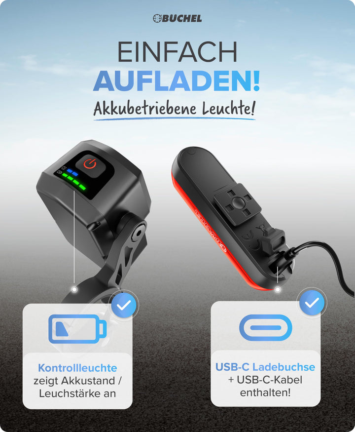 Fahrradlicht Set LED USB-C StVZO 15-60 Lux mit Akkuanzeige - Bild 4