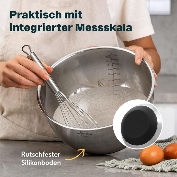 Edelstahl Schüssel-Set 5-teilig mit Deckel, Messskala &amp; Silikonboden - Bild 5