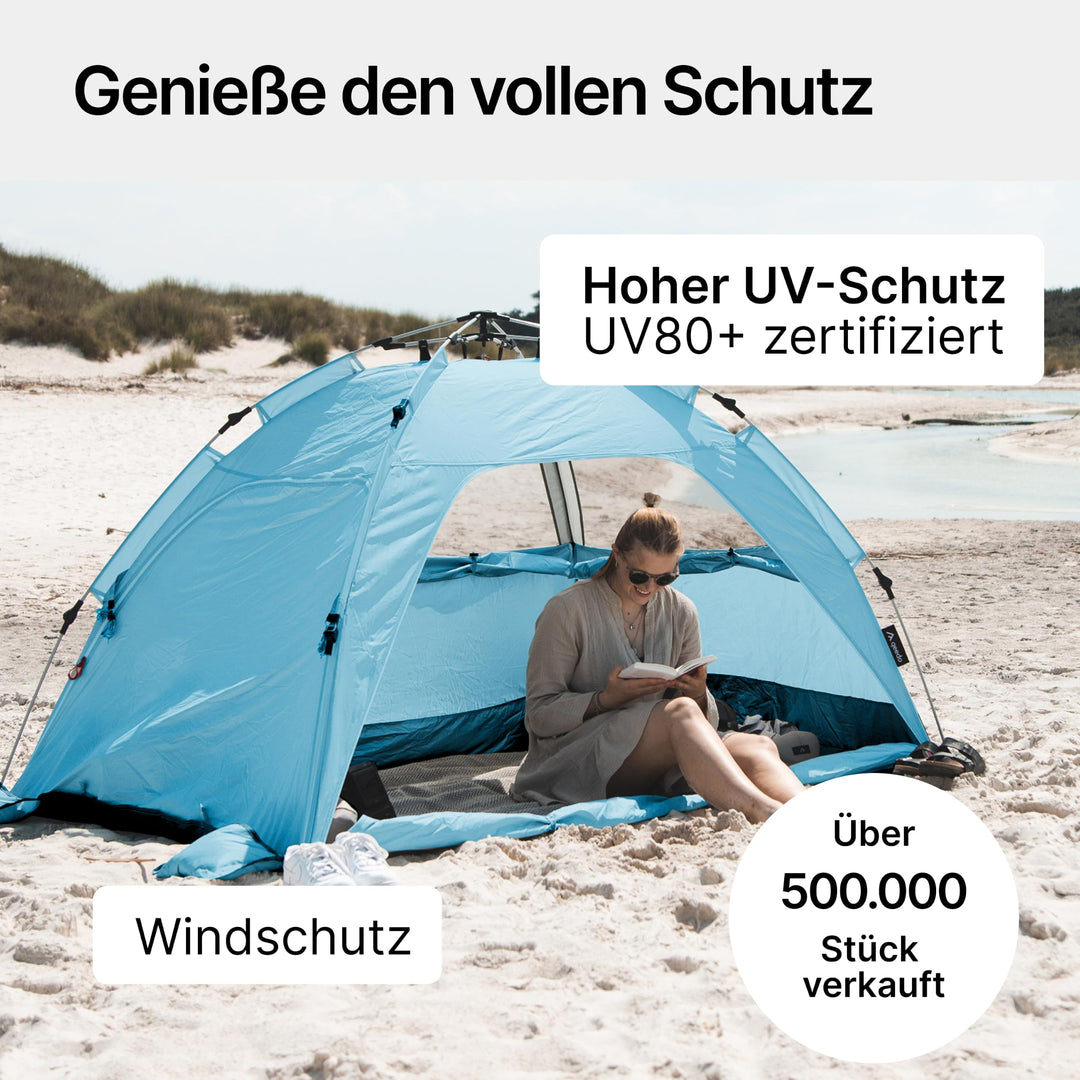 Strandmuschel Pop-Up UV80 für 2 Personen mit Windschutz hellblau - Bild 3