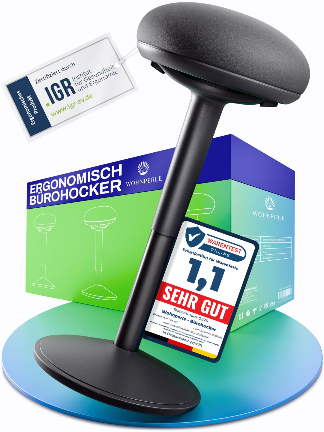 Ergonomischer Bürohocker höhenverstellbar mit Schwingeffekt, Schwarz