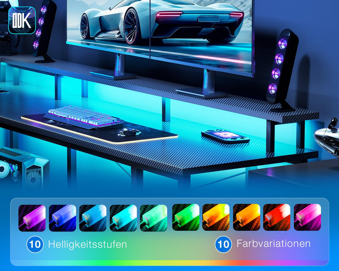 Gaming Schreibtisch L-Form LED 168x120cm mit Steckdosen USB Kohlefaser - Bild 5