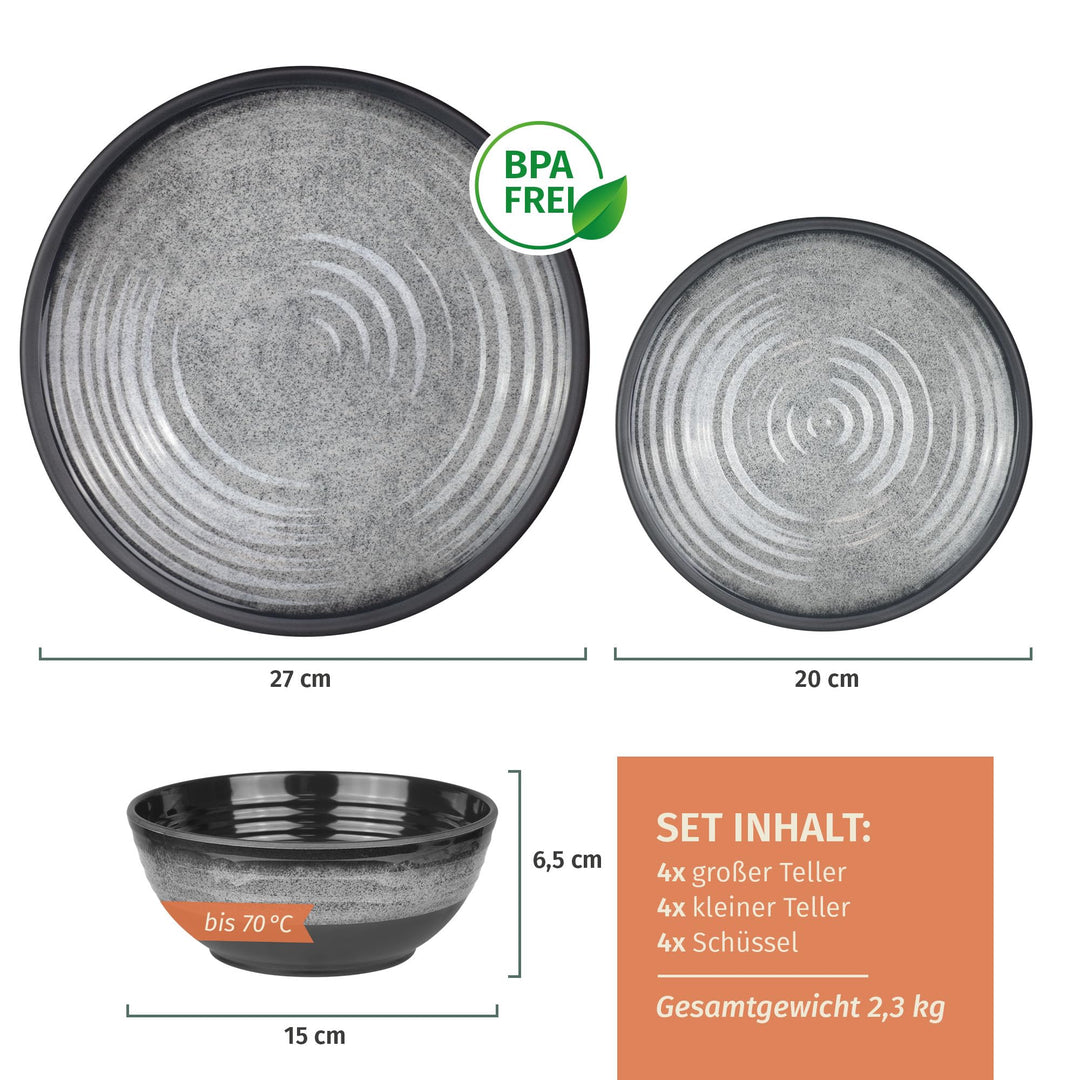 Camping Geschirrset Melamin 12-teilig für 4 Personen Stone Grey - Bild 2