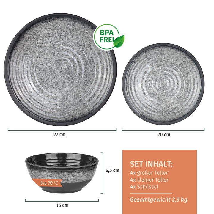 Camping Geschirrset Melamin 12-teilig für 4 Personen Stone Grey - Bild 2