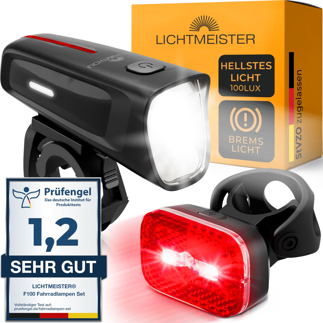 Fahrradlicht Set StVZO 100 Lux mit Bremslicht USB-C aufladbar