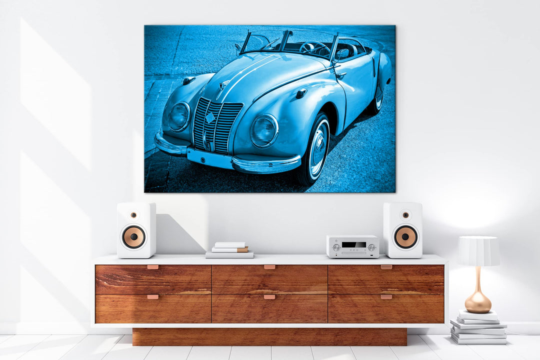 Leinwandbild Oldtimer Motiv Monochrom Blau 80x60 cm Echtholz - Bild 5