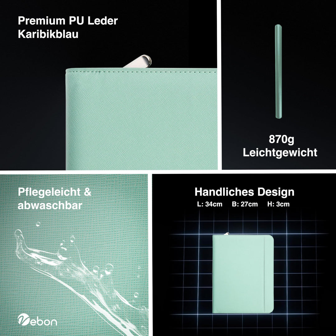 Schreibmappe A4 Kunstleder mit Ringbuch &amp; Reissverschluss, Türkis - Bild 8