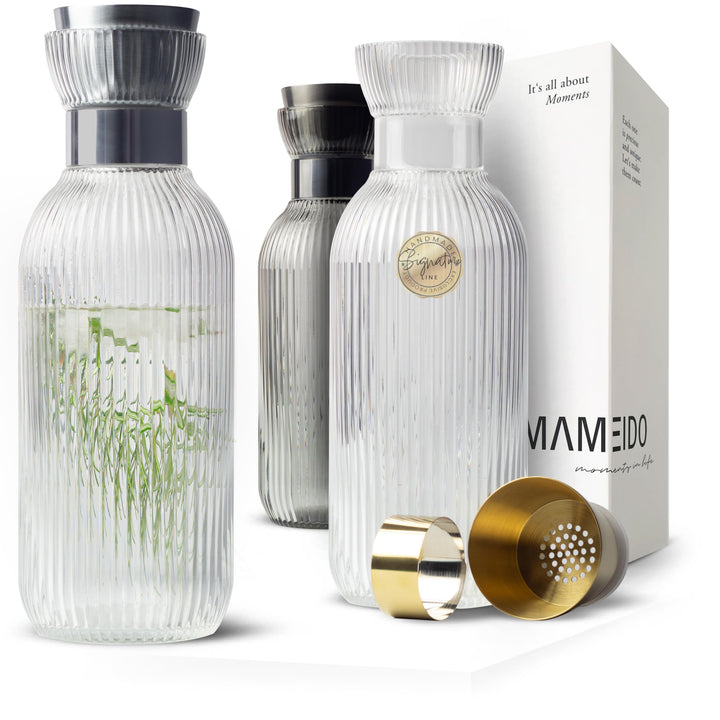 Glaskaraffe mit Ausgiesser und Sieb 1,5 l geriffelt Crystal Silver