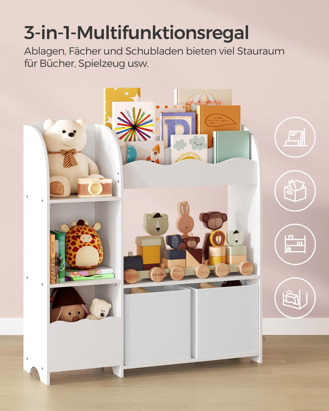 Kinderbücherregal 3-in-1 mit 2 Boxen und 5 Ablagen Wolkenweiß - Bild 4
