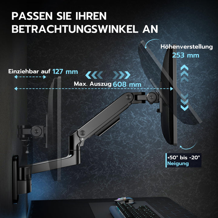 Monitor Wandhalterung bis 49 Zoll Stahl/Alu schwarz mit Gasdruckfeder - Bild 3