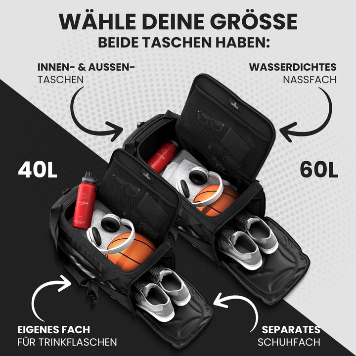 Sporttasche 60L mit Schuhfach &amp; Nassfach, Rucksackfunktion - Bild 2