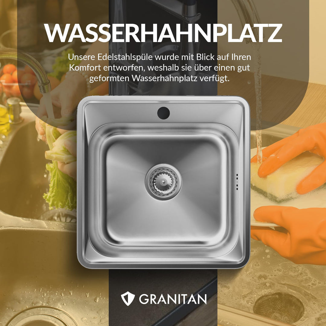Einbauspüle Edelstahl 38x38 cm mit Siphon und Schallschutzmatte - Bild 8