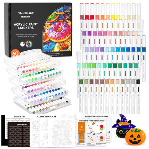 Acrylstifte Set 60 Farben Pinselspitze wasserfest für Stein Glas Holz