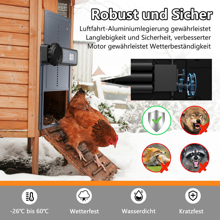 Hühnerklappe Aluminium mit Timer und Anti-Einklemm-Schutz batteriebetrieben - Bild 5