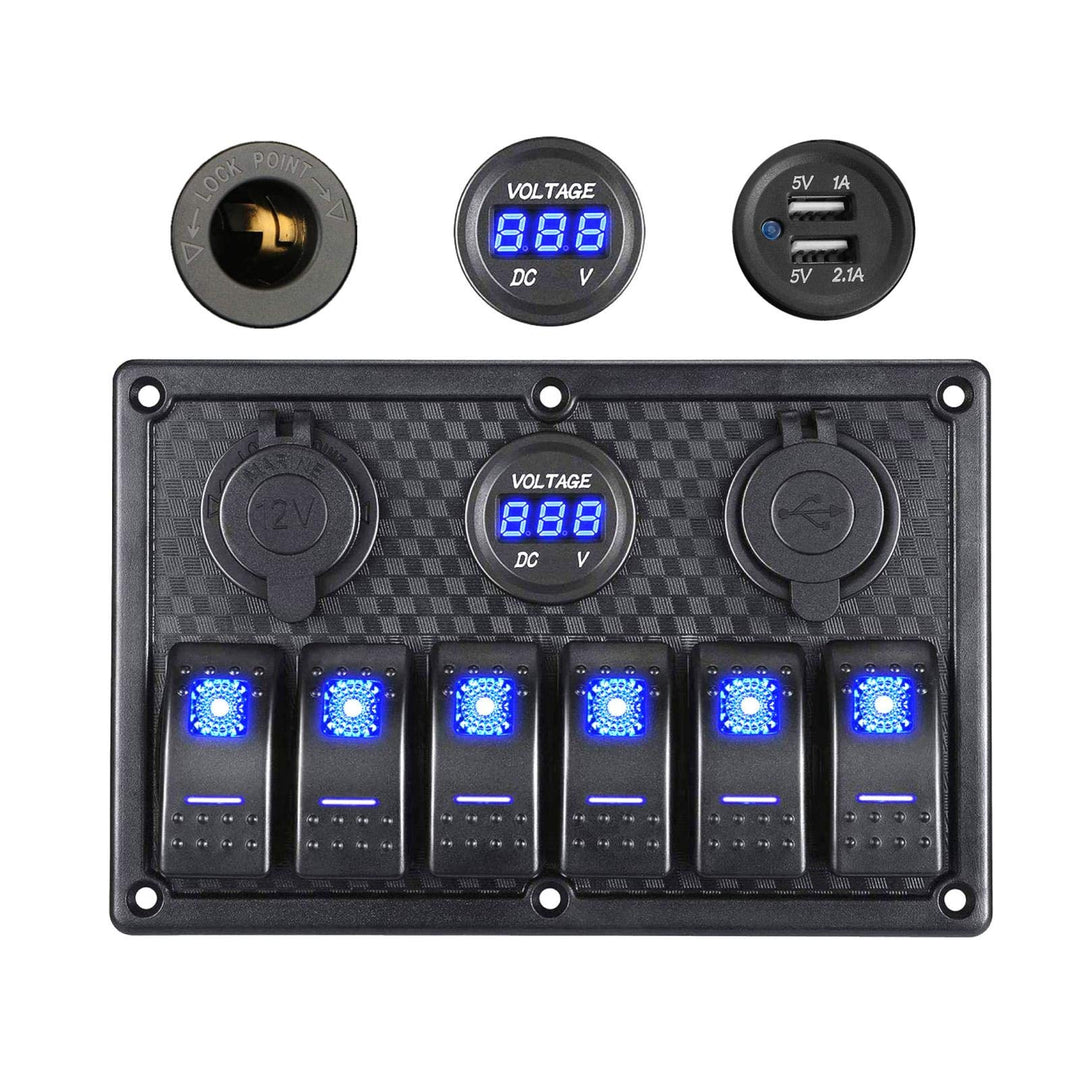 Schalttafel 6-fach 12V-24V IP65 mit USB, Voltmeter und Zigarettensteckdose