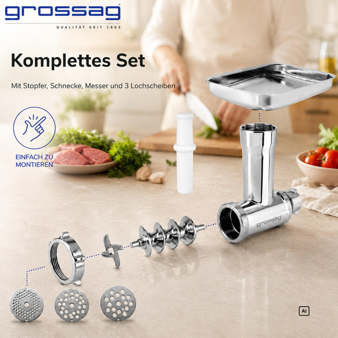 Fleischwolf Aufsatz Edelstahl für KitchenAid mit 3 Lochscheiben - Bild 7